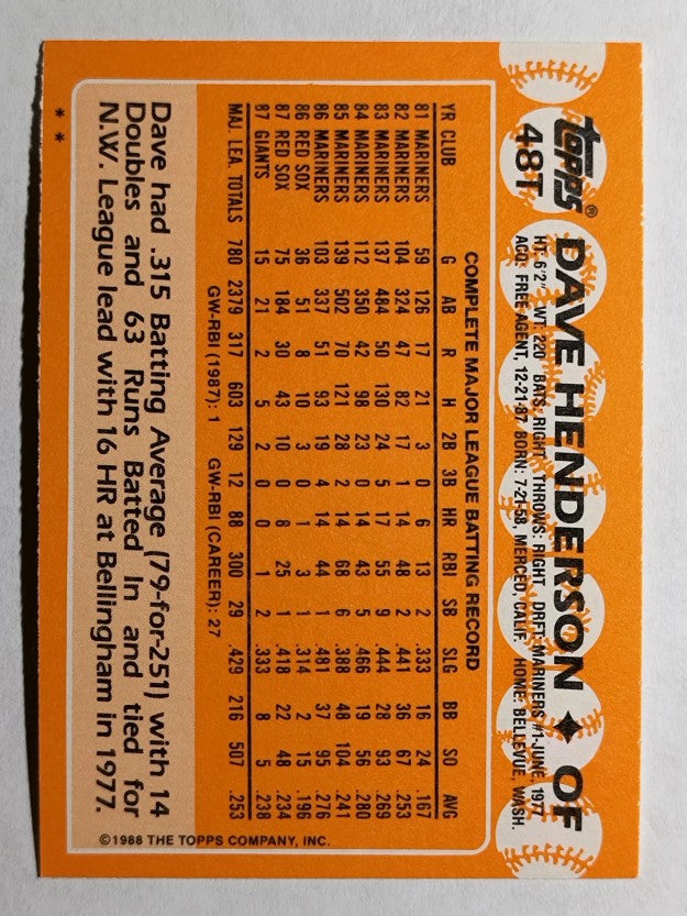 1988 Topps Traded #48T Dave Henderson