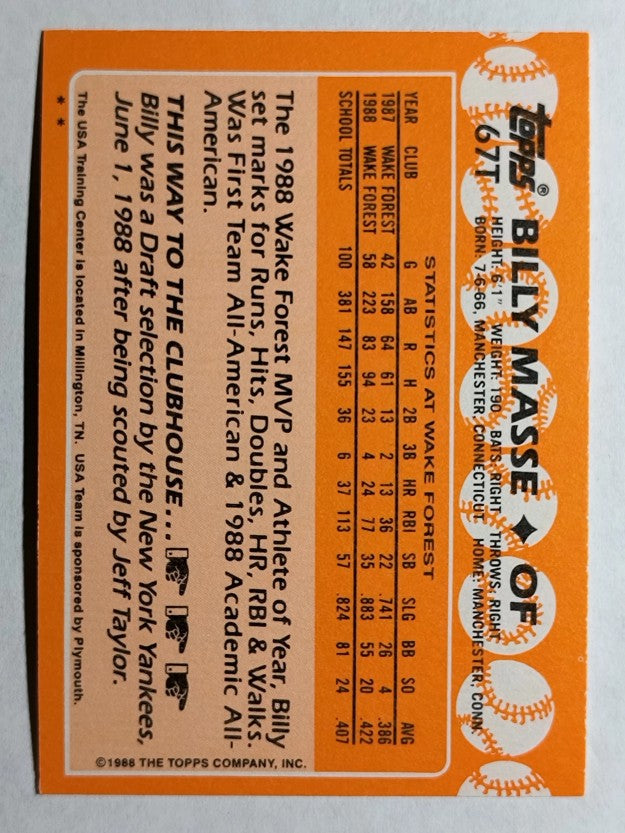 1988 Topps Traded #67T Billy Masse OLY XRC