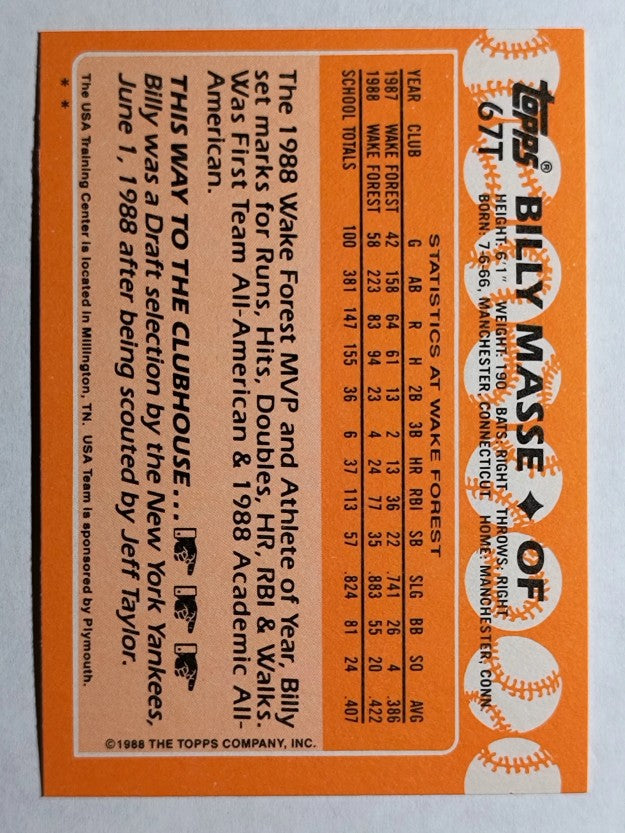 1988 Topps Traded #67T Billy Masse OLY XRC