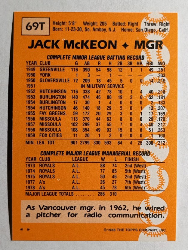 1988 Topps Traded #69T Jack McKeon MG