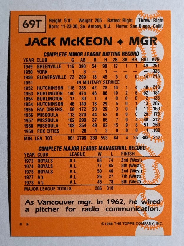 1988 Topps Traded #69T Jack McKeon MG
