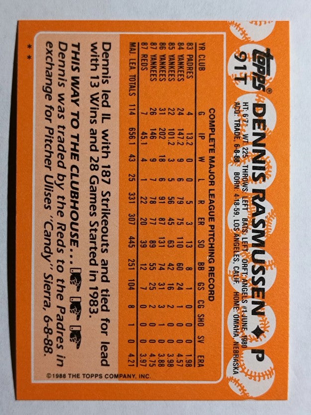 1988 Topps Traded #91T Dennis Rasmussen