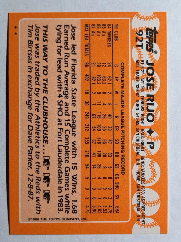 1988 Topps Traded #92T Jose Rijo