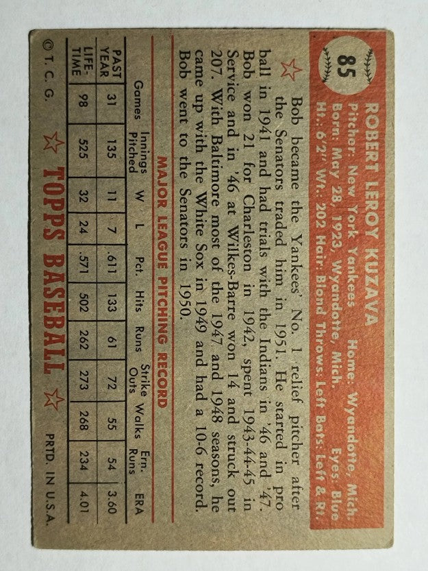 1952 Topps #85 Bob Kuzava (VG)