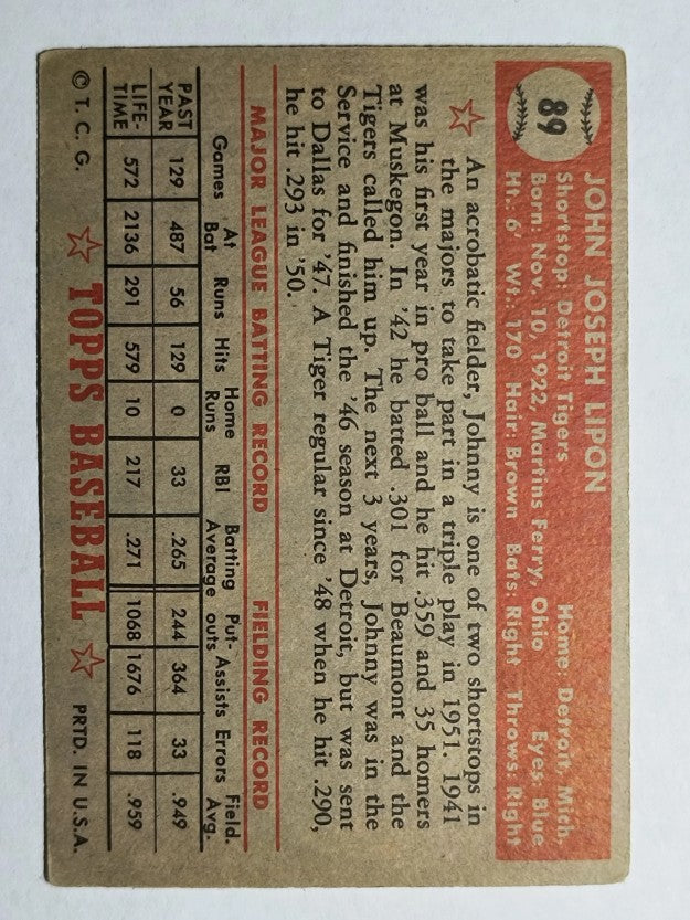 1952 Topps #89 Johnny Lipon (VGEX)