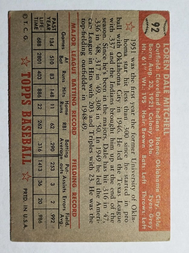 1952 Topps #92 Dale Mitchell (VG)