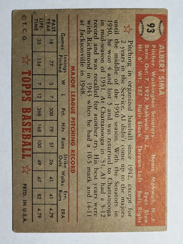 1952 Topps #93 Al Sima RC (VGEX)