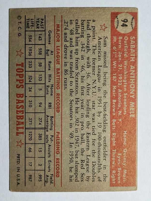 1952 Topps #94 Sam Mele (VGEX)