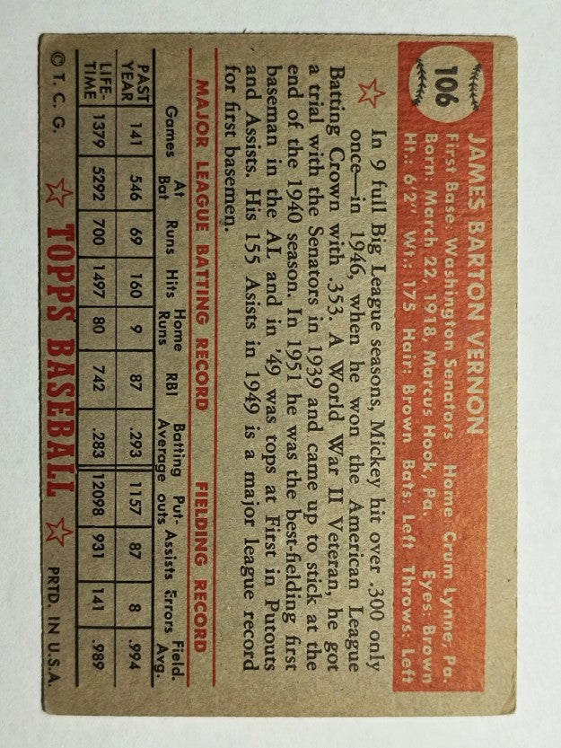 1952 Topps #106 Mickey Vernon (VGEX)