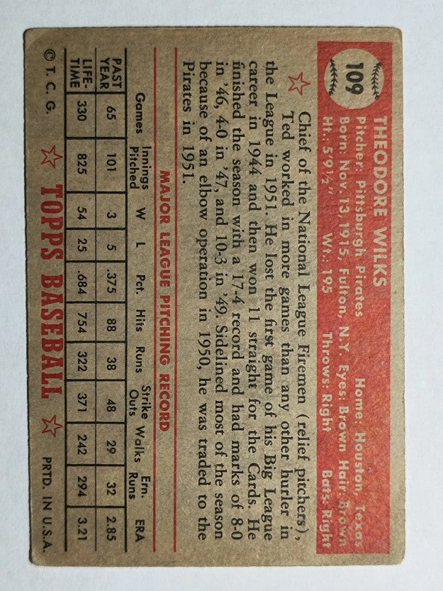 1952 Topps #109 Ted Wilks (VG)