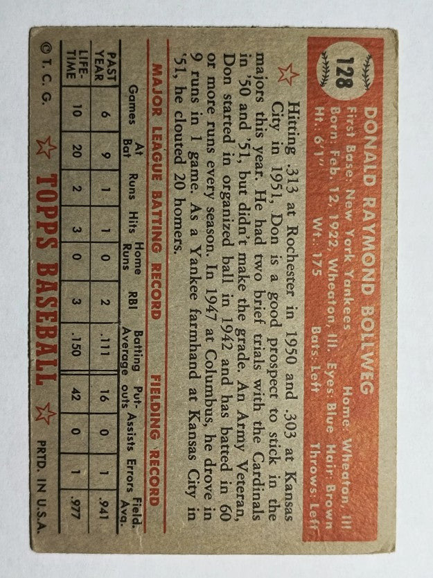 1952 Topps #128 Don Bollweg RC (VG)