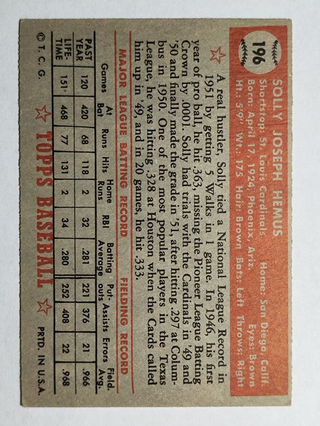 1952 Topps #196 Solly Hemus RC (VG)