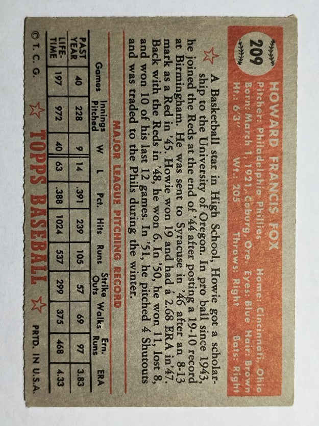 1952 Topps #209 Howie Fox (VG)