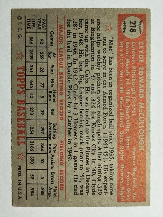 1952 Topps #218 Clyde McCullough (VGEX)
