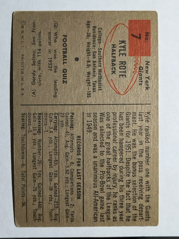 1954 Bowman #7 Kyle Rote (VGEX)