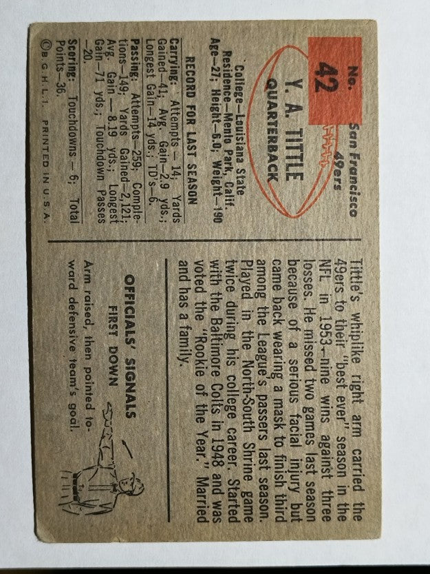 1954 Bowman #42 Y.A.Tittle (VGEX)