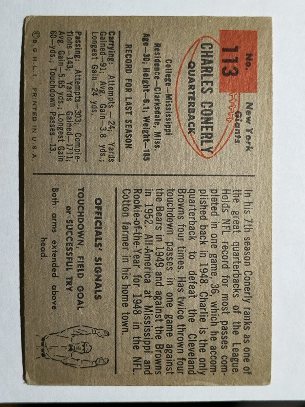 1954 Bowman #113 Charley Conerly (VG)