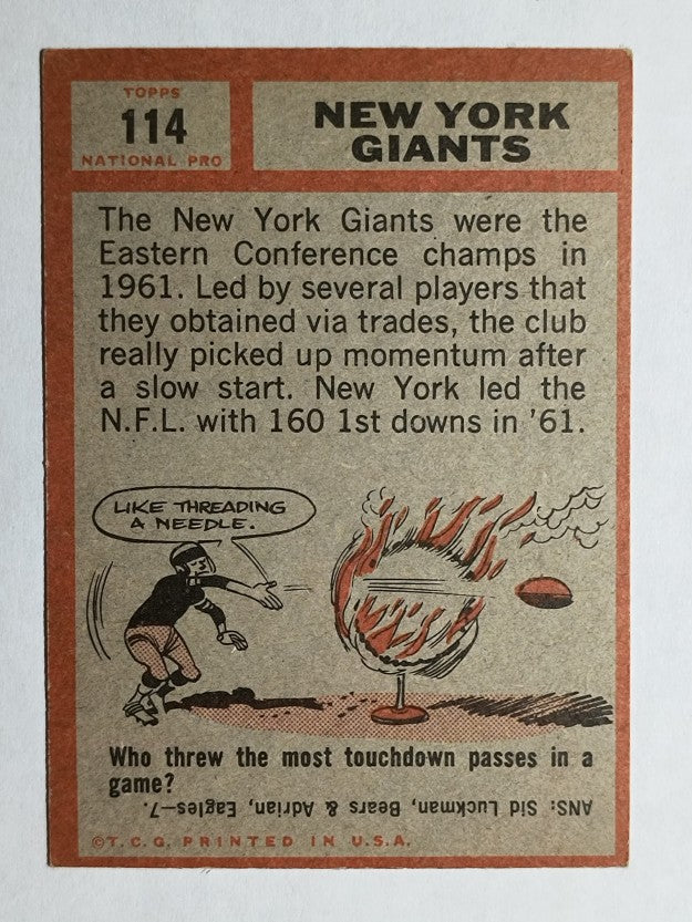1962 Topps #114 New York Giants Team (VGEX)