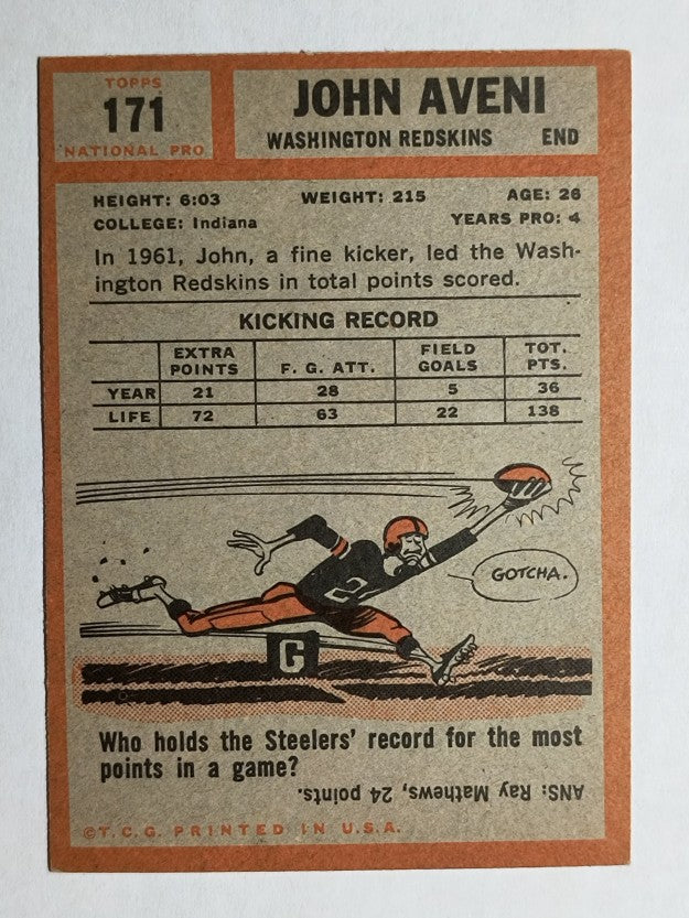 1962 Topps #171 John Aveni SP RC (EX)
