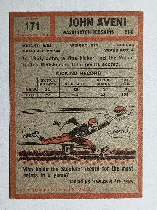 1962 Topps #171 John Aveni SP RC (VGEX)