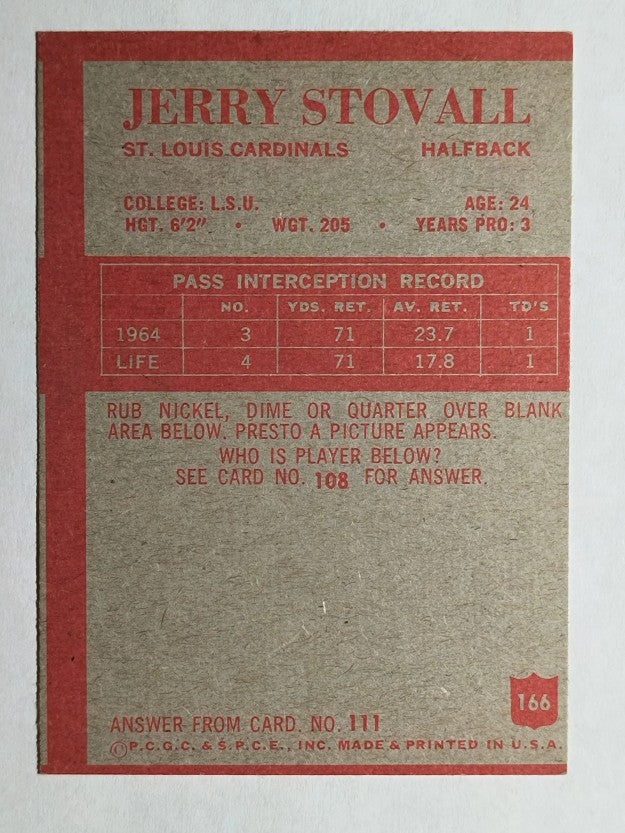 1965 Philadelphia #166 Jerry Stovall RC (VGEX)