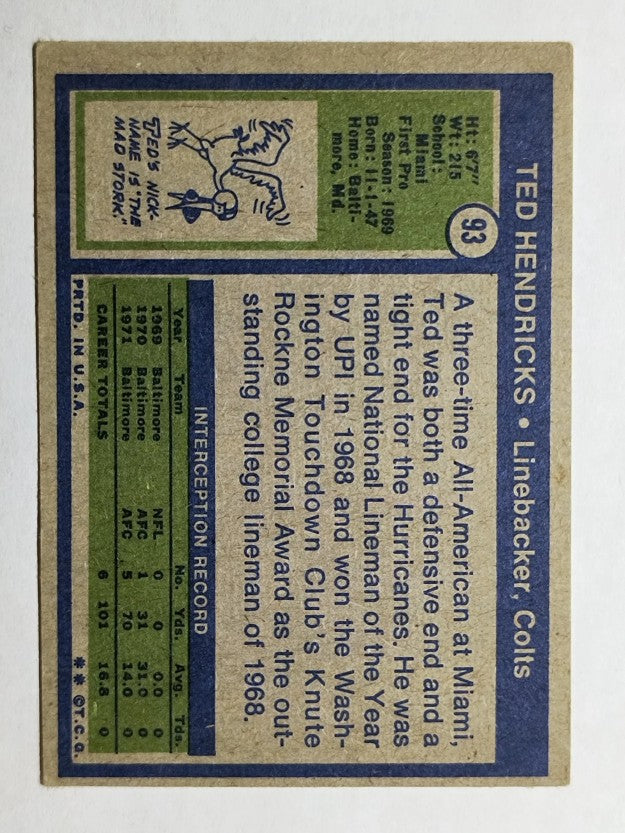 1972 Topps #93 Ted Hendricks RC (VGEX)