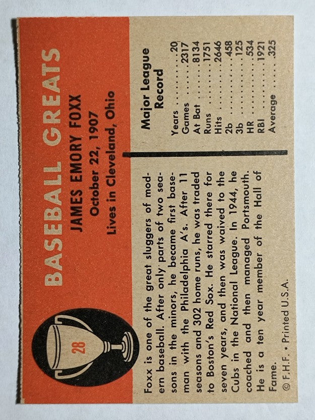 1961 Fleer #28 Jimmie Foxx (EXMT)