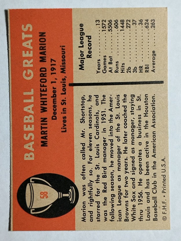 1961 Fleer #58 Marty Marion (NMMT)
