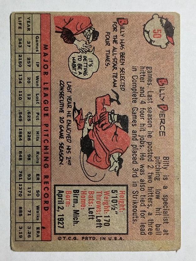 1958 Topps #50A Billy Pierce WT (VGEX)