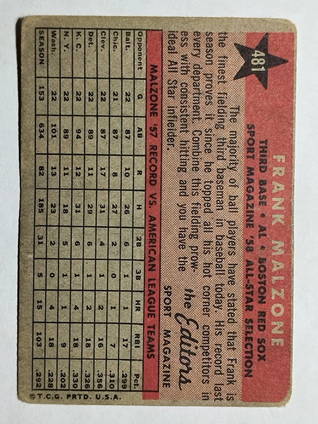 1958 Topps #481 Frank Malzone AS (VG)