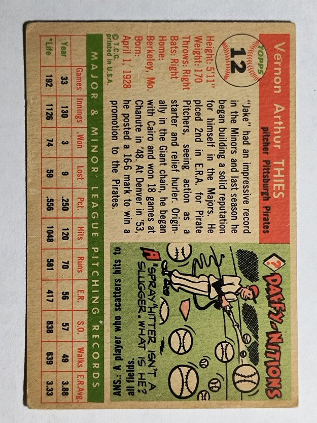 1955 Topps #12 Vernon Jake Thies RC (VG)