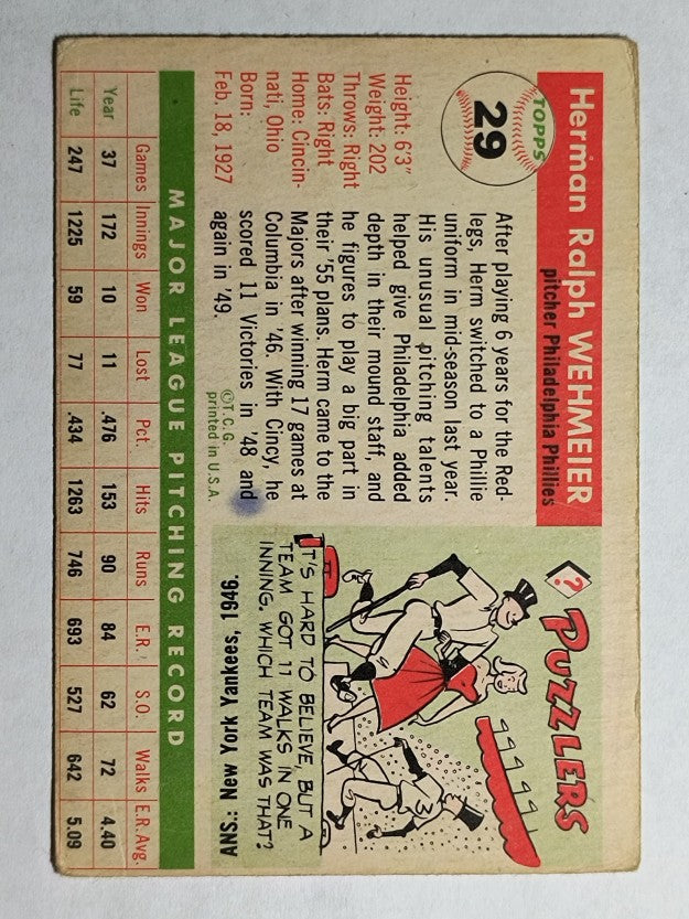 1955 Topps #29 Herman Wehmeier (VG)