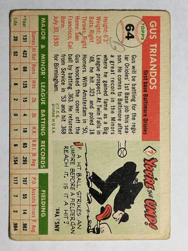 1955 Topps #64 Gus Triandos RC (VG)