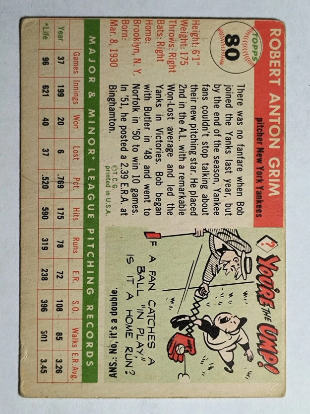 1955 Topps #80 Bob Grim RC (VG)