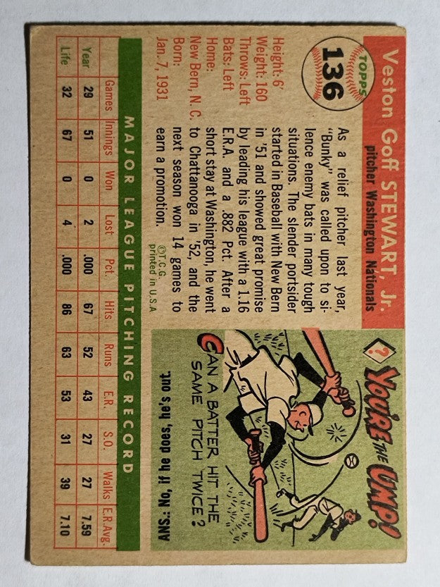 1955 Topps #136 Veston Bunky Stewart RC (VGEX)