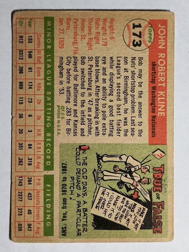 1955 Topps #173 Bob Kline RC (VG)