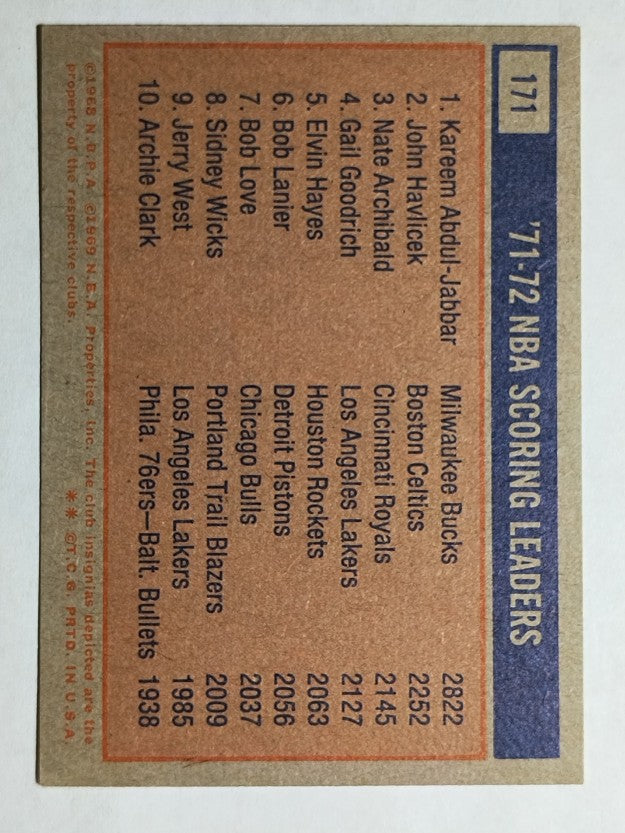 1972-73 Topps #171 Kareem Abdul-Jabbar/John Havlicek/Nate Archibald LL (EXMT)