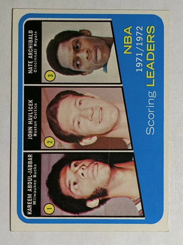 1972-73 Topps #171 Kareem Abdul-Jabbar/John Havlicek/Nate Archibald LL (EXMT)