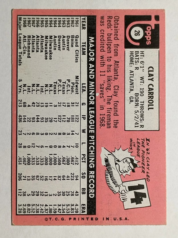 1969 Topps #26 Clay Carroll (EX)