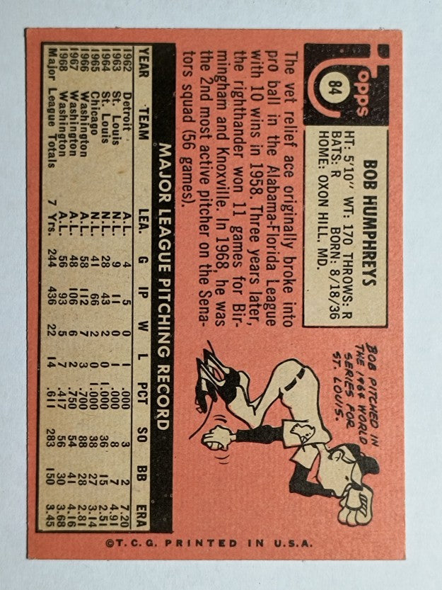 1969 Topps #84 Bob Humphreys (EXMT)