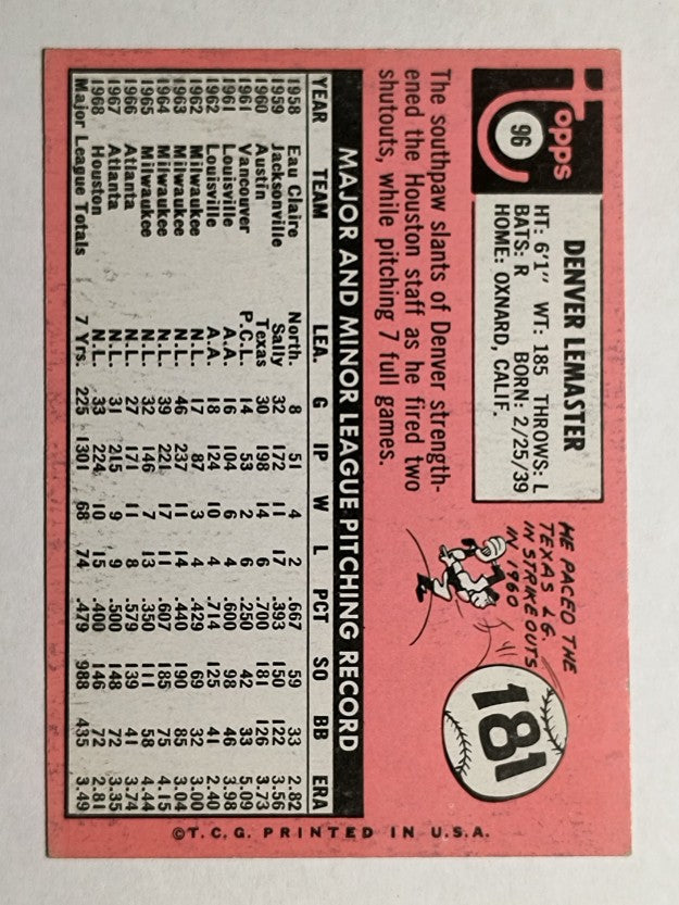 1969 Topps #96 Denny Lemaster (EX)