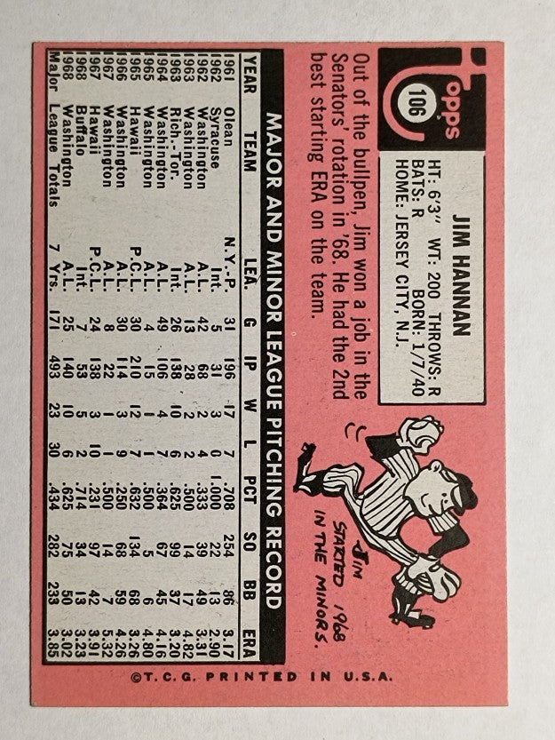 1969 Topps #106 Jim Hannan (EXMT)