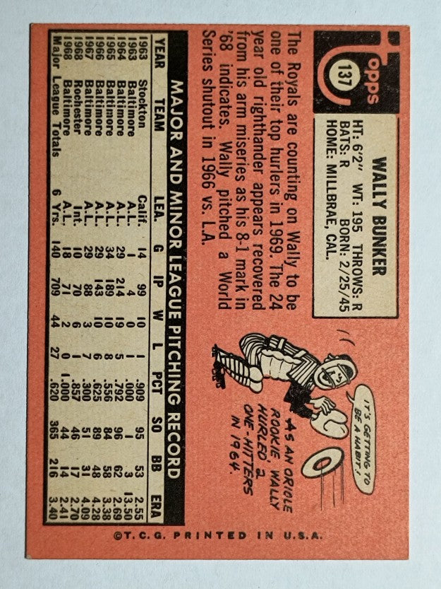1969 Topps #137 Wally Bunker (EX)