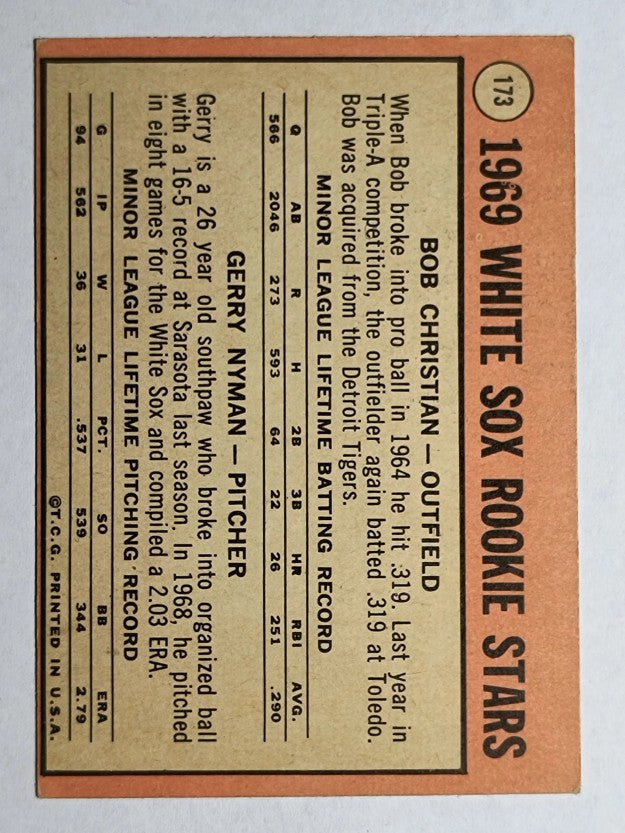 1969 Topps #173 Rookie Stars/Bob Christian RC/Gerry Nyman RC (EX)