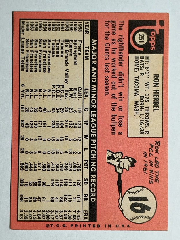1969 Topps #251 Ron Herbel (EXMT)