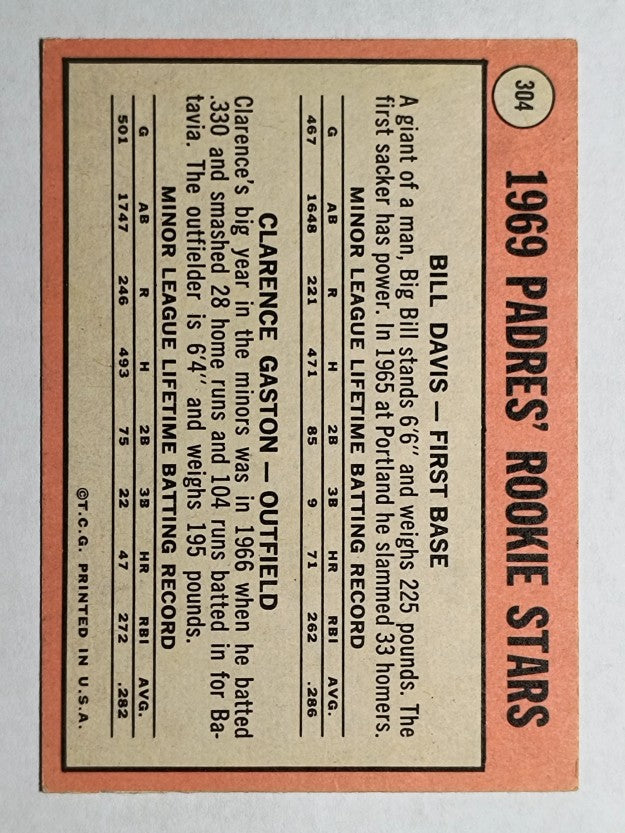 1969 Topps #304 Rookie Stars/Bill Davis/Clarence Gaston RC (EX)