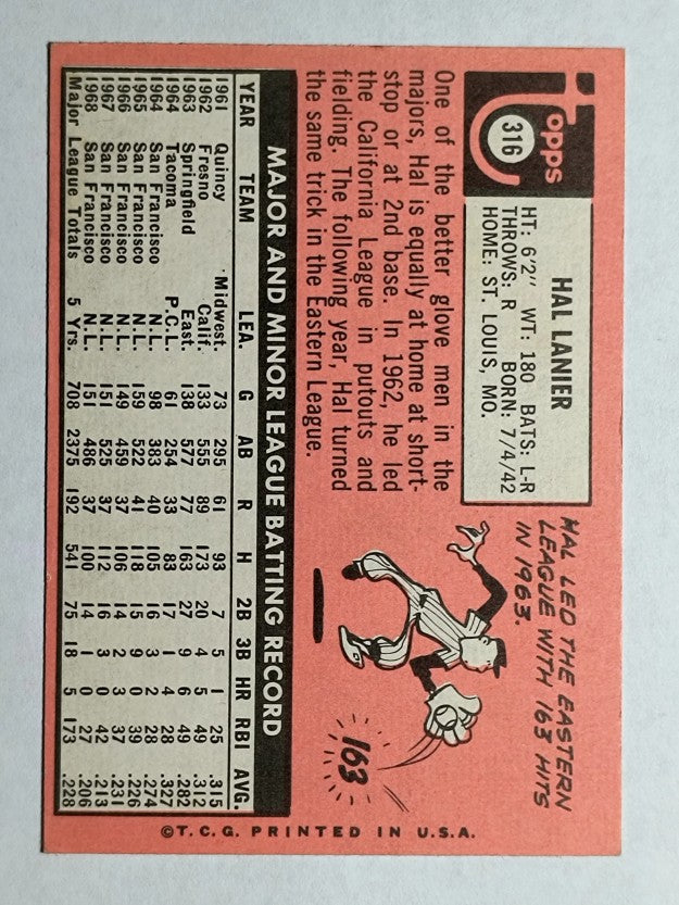 1969 Topps #316 Hal Lanier (VGEX)