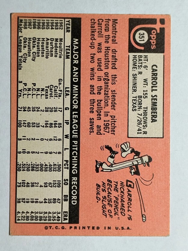 1969 Topps #351 Carroll Sembera (VGEX)