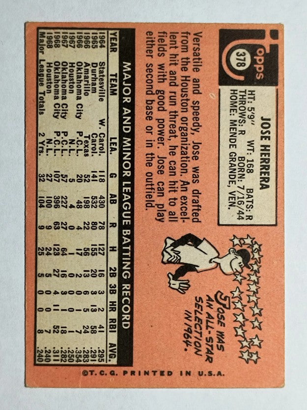 1969 Topps #378 Jose Herrera RC (VG)