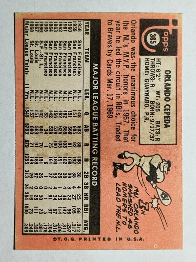 1969 Topps #385 Orlando Cepeda (VGEX)